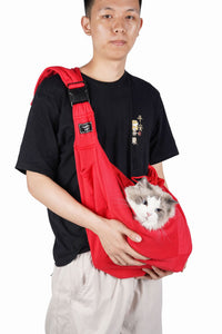Thumbnail for Red Breathable Pet Sling Carrier for Small Dogs & Cats - Adjustable Hands-Free Travel Pouch with Safety Leash & Pocket