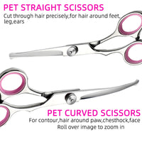 Thumbnail for Pink and Silver Complete 5-Piece Pet Grooming Scissors Kit - Stainless Steel Straight, Curved & Thinning Shears with Comb & PU Case (6.0 Inch)