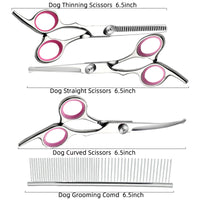 Thumbnail for Pink and Silver Complete 5-Piece Pet Grooming Scissors Kit - Stainless Steel Straight, Curved & Thinning Shears with Comb & PU Case (6.0 Inch)