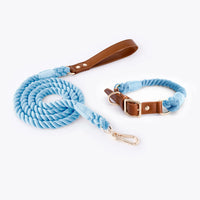 Thumbnail for Premium Leather Pet Collar and Leash - Soft, Strong Braided Rope (Sky blue - Size M)