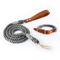 Thumbnail for Premium Leather Pet Collar and Leash - Soft, Strong Braided Rope (Dark gray - Size S)
