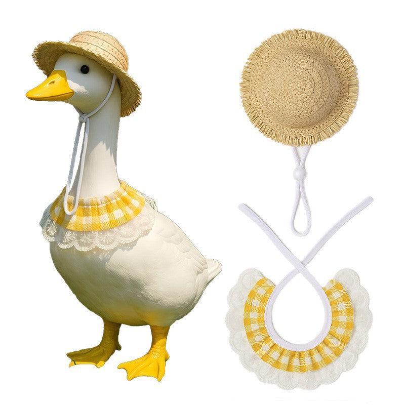 Khaki and Yellow 2 Sets Adorable Porch Goose & Small Pet Costume Set - 2 Summer Straw Hat & 2 Gingham Bib
