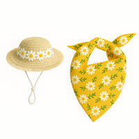 Thumbnail for 2 Sets Khaki and Yellow Daisy Delight Porch Goose & Small Pet Costume - 2 Summer Straw Hat & 2 Floral Bandana Set