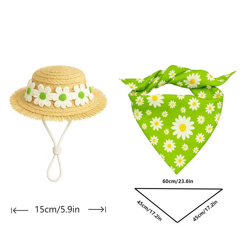 2 Sets Khaki and Yellow Daisy Delight Porch Goose & Small Pet Costume - 2 Summer Straw Hat & 2 Floral Bandana Set
