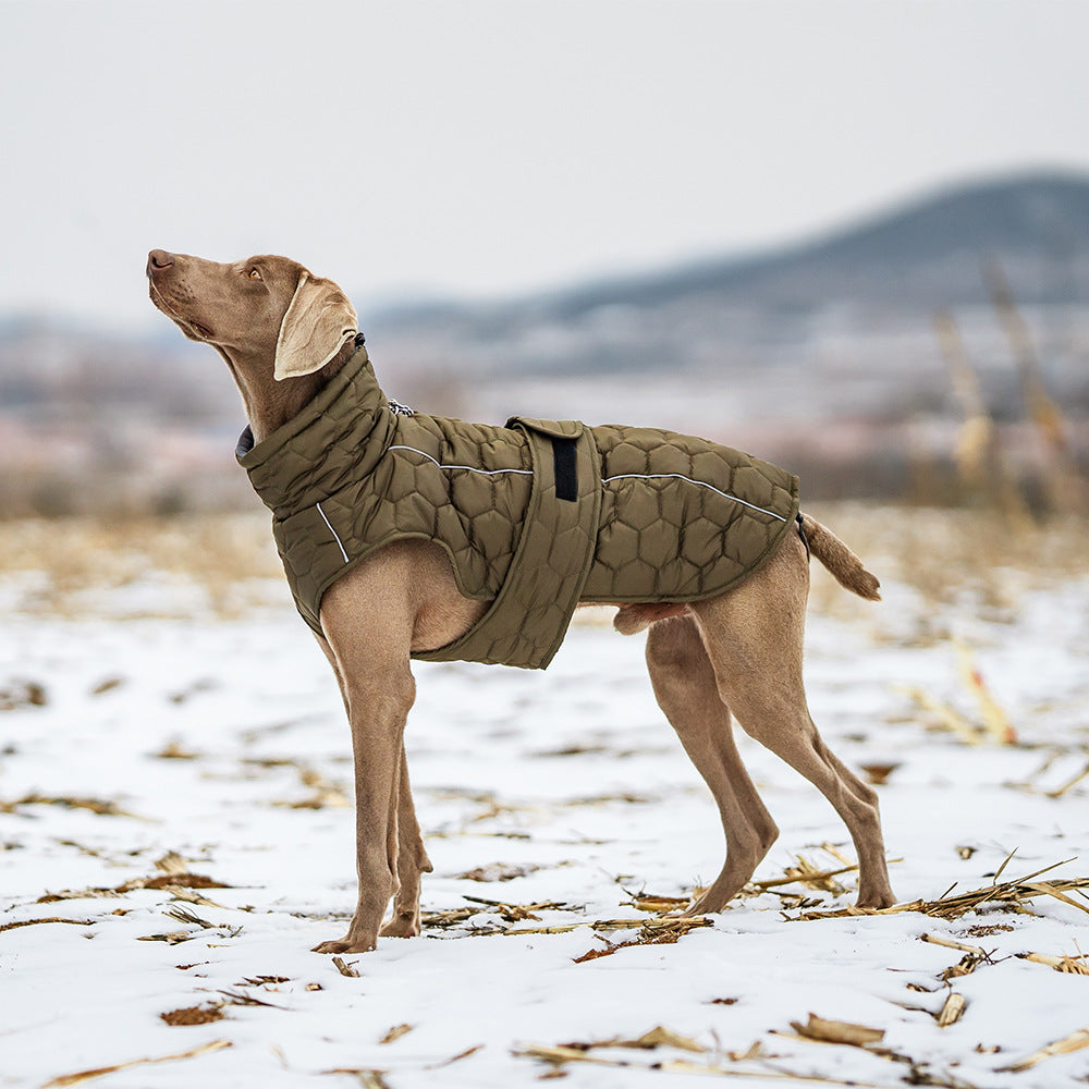 Size S Olive Green Warm Quilted Dog Winter Coat - Adjustable Fleece-Lined Puffer Vest with Reflective Trim & Leash Port