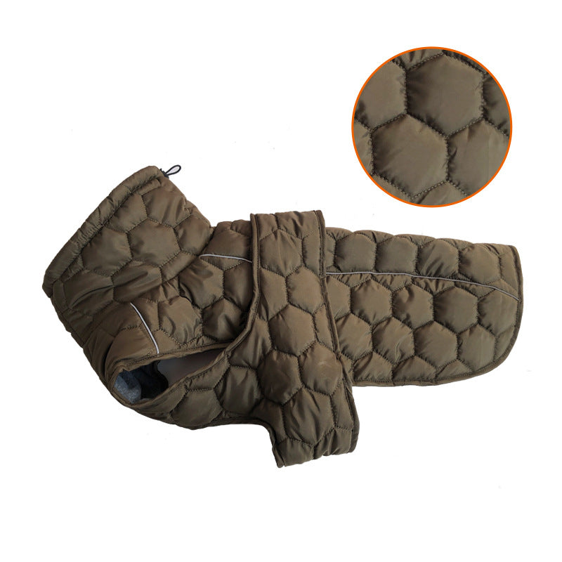 Size 2XL Olive Green Warm Quilted Dog Winter Coat - Adjustable Fleece-Lined Puffer Vest with Reflective Trim & Leash Port