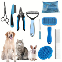 Thumbnail for Blue Professional 9-Piece Pet Grooming Kit - DeShedding Brushes, Nail Clippers, Combs & Scissors Set for Dogs, Cats & Rabbits with Storage Bag