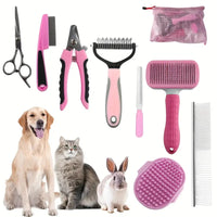 Thumbnail for Pink Professional 9-Piece Pet Grooming Kit - DeShedding Brushes, Nail Clippers, Combs & Scissors Set for Dogs, Cats & Rabbits with Storage Bag