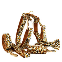 Thumbnail for L Luxury 5 Piece Dog Harness and Collar Set Leopard Print with Leash Bow Tie & Waste Bag Holder Gold Metal Buckle Walking Gear