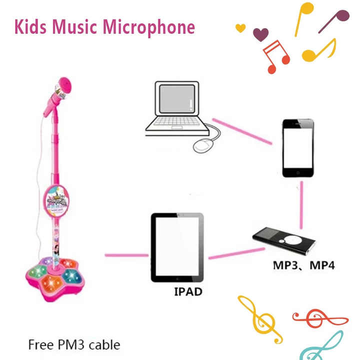 Pink Kids Star Karaoke Microphone Stand Adjustable Height Music Toy with Flashing Lights and MP3 Connectivity for Boys and Girls