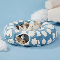 Thumbnail for 2-in-1 Cat Tunnel Bed Blue Daisy 80cm - Plush Donut Pet Cave & Play Tube - Detachable Washable Cushion & Interactive Hanging Toy for Indoor Cats