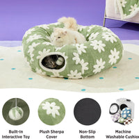 Thumbnail for 2-in-1 Cat Tunnel Bed Blue Daisy 80cm - Plush Donut Pet Cave & Play Tube - Detachable Washable Cushion & Interactive Hanging Toy for Indoor Cats