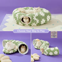 Thumbnail for 2-in-1 Cat Tunnel Bed Blue Daisy 80cm - Plush Donut Pet Cave & Play Tube - Detachable Washable Cushion & Interactive Hanging Toy for Indoor Cats