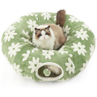 Thumbnail for 2-in-1 Cat Tunnel Bed Blue Daisy 80cm - Plush Donut Pet Cave & Play Tube - Detachable Washable Cushion & Interactive Hanging Toy for Indoor Cats
