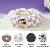 Thumbnail for 2-in-1 Cat Tunnel Bed Blue Daisy 80cm - Plush Donut Pet Cave & Play Tube - Detachable Washable Cushion & Interactive Hanging Toy for Indoor Cats