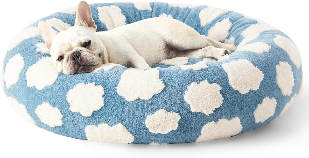 50cm Round Pet Bed Green Daisy Design - Soft Plush Donut Cuddler for Small Dogs & Cats - Calming Anxiety Relief & All-Season Comfort