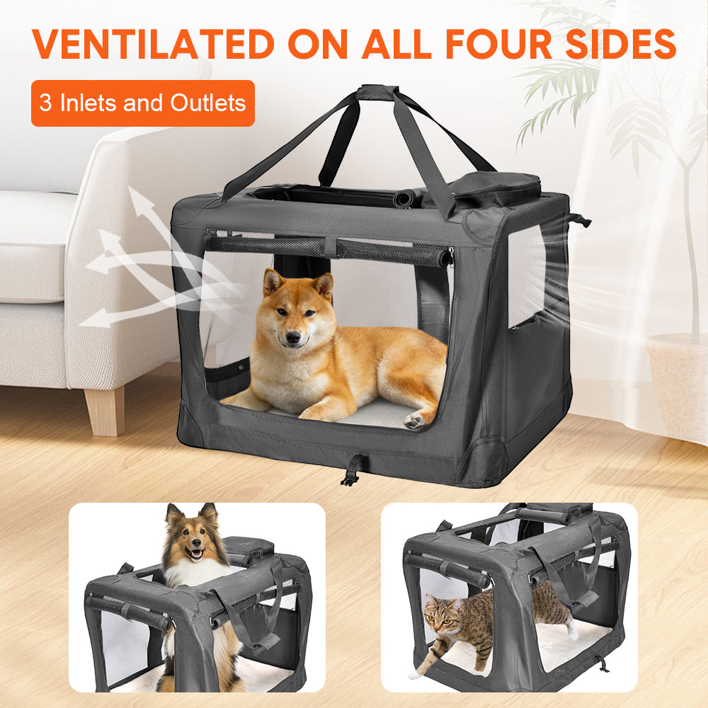 Foldable Dog Carrier Large Pet Travel Bag Portable and Breathable Car Travel Transport Kennel 72x52x52cm Load Up to 27kg with Steel Frame and Pocket Black