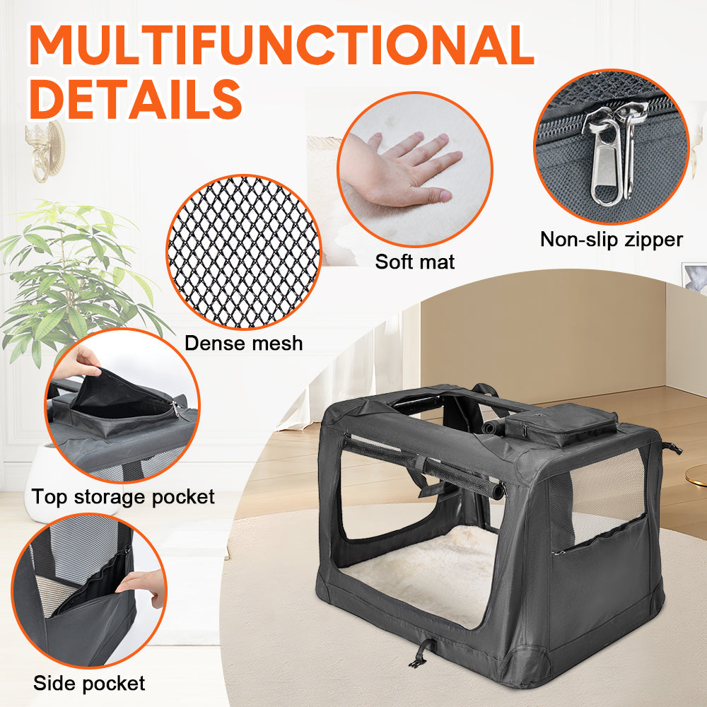 Foldable Dog Carrier Large Pet Travel Bag Portable and Breathable Car Travel Transport Kennel 72x52x52cm Load Up to 27kg with Steel Frame and Pocket Black