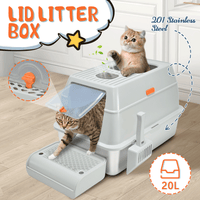Thumbnail for 20L Large Anti-Leak Enclosed Cat Litter Box Stainless Steel Detachable Kitty Litter Tray with ABS Lid High Sides Scoop and Ramp Easy Cleaning Light Grey