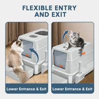 Thumbnail for 20L Large Anti-Leak Enclosed Cat Litter Box Stainless Steel Detachable Kitty Litter Tray with ABS Lid High Sides Scoop and Ramp Easy Cleaning Light Grey