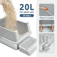 Thumbnail for 20L Large Anti-Leak Enclosed Cat Litter Box Stainless Steel Detachable Kitty Litter Tray with ABS Lid High Sides Scoop and Ramp Easy Cleaning Light Grey