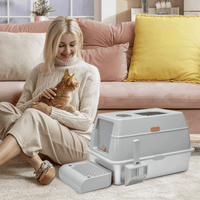 Thumbnail for 20L Large Anti-Leak Enclosed Cat Litter Box Stainless Steel Detachable Kitty Litter Tray with ABS Lid High Sides Scoop and Ramp Easy Cleaning Light Grey